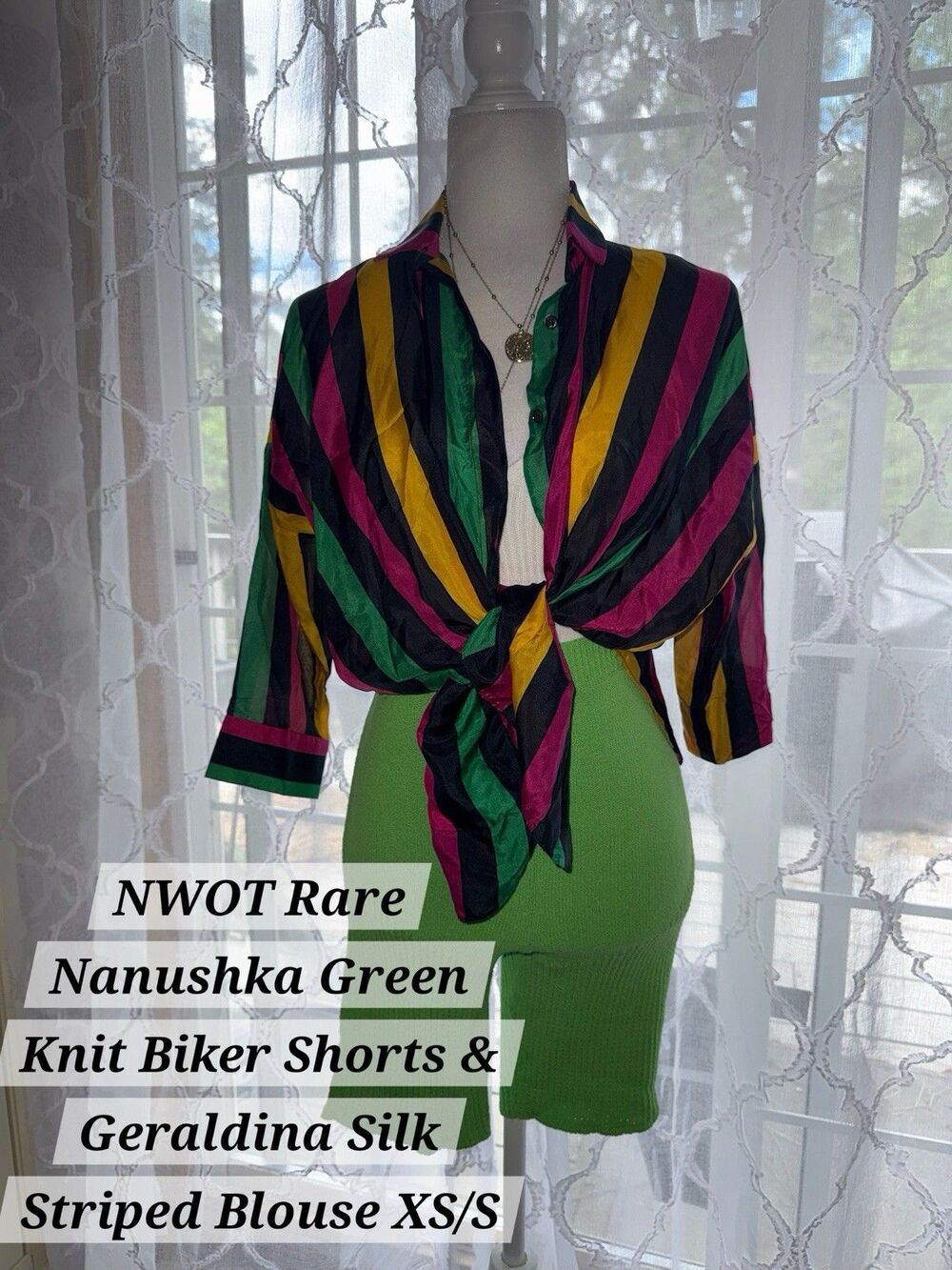 Nanushka Knit Biker Shorts XS & Geraldina Silk Striped Blouse S Set NWOT Rare